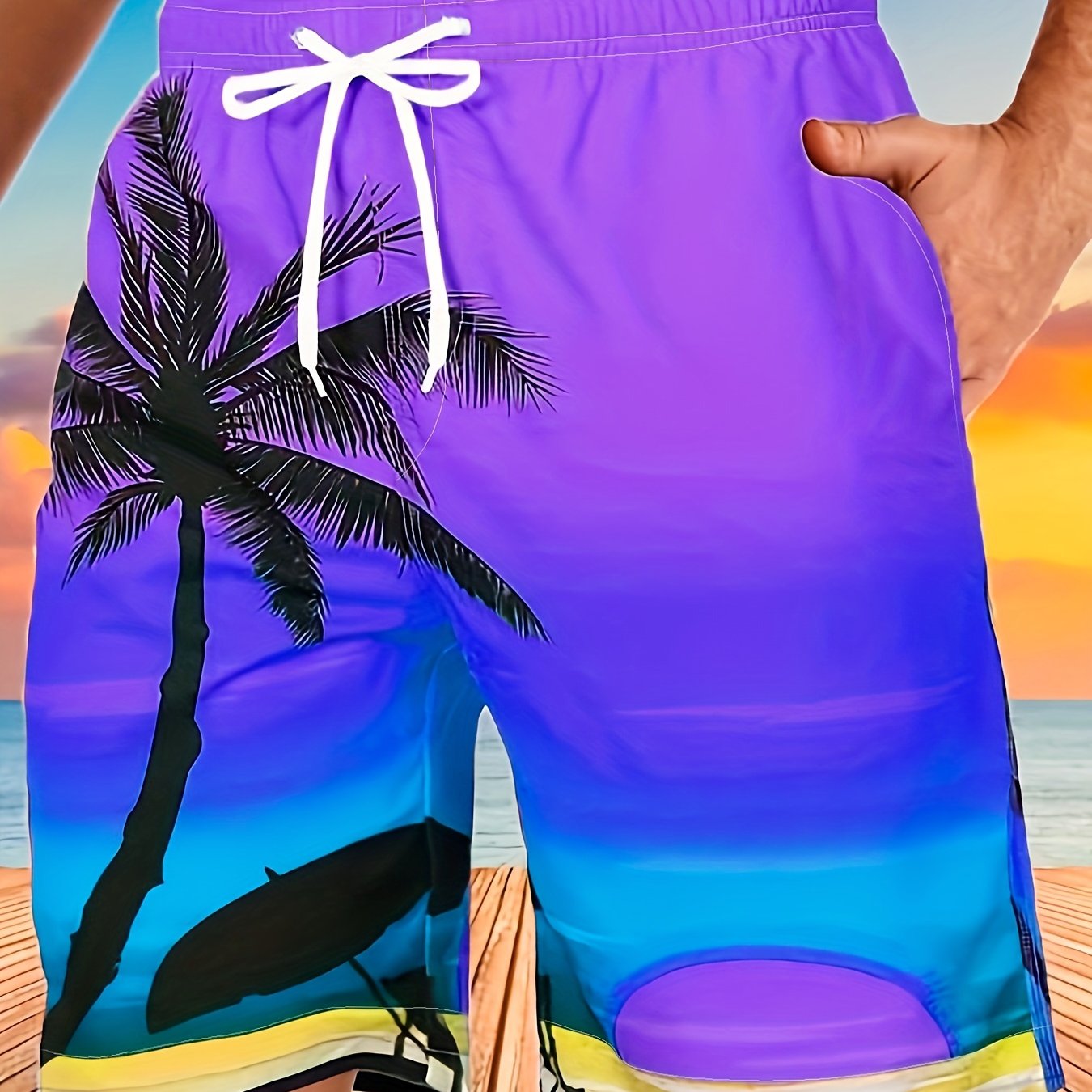 Quick Drying Comfortable Breathable Gradient Palm Tree At Dawn Seaside Drawstring Swim Trunks, Men's Board Shorts Swimwear For Summer Vacation Resort Beach Pool