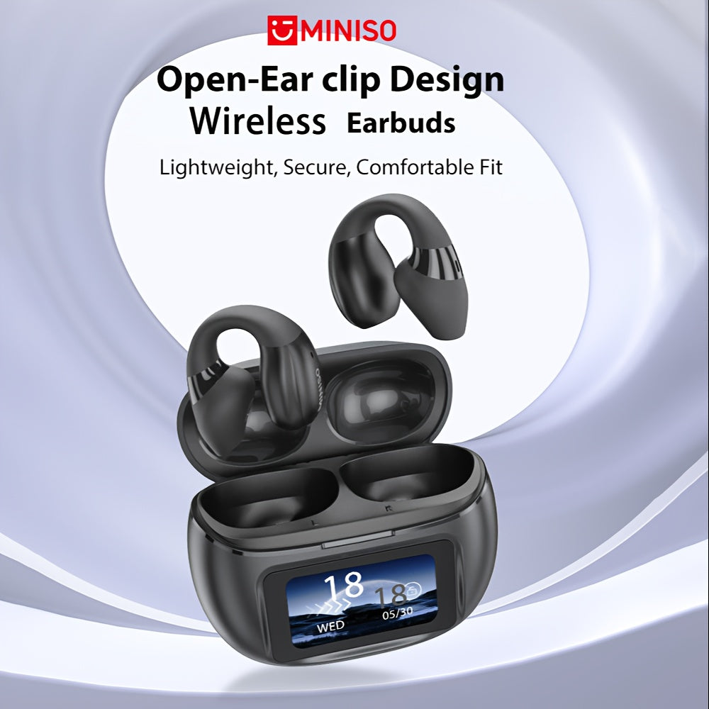 Miniso X29 Open-Ear Wireless Earbuds with Touch Screen & Full Color Display, HiFi Sound, Long Range Wireless Headphones, -C Charging Case, Built-in Mic, Compatible with / Smartphones, Compatible with 150+ Apps (Spanish/Englis