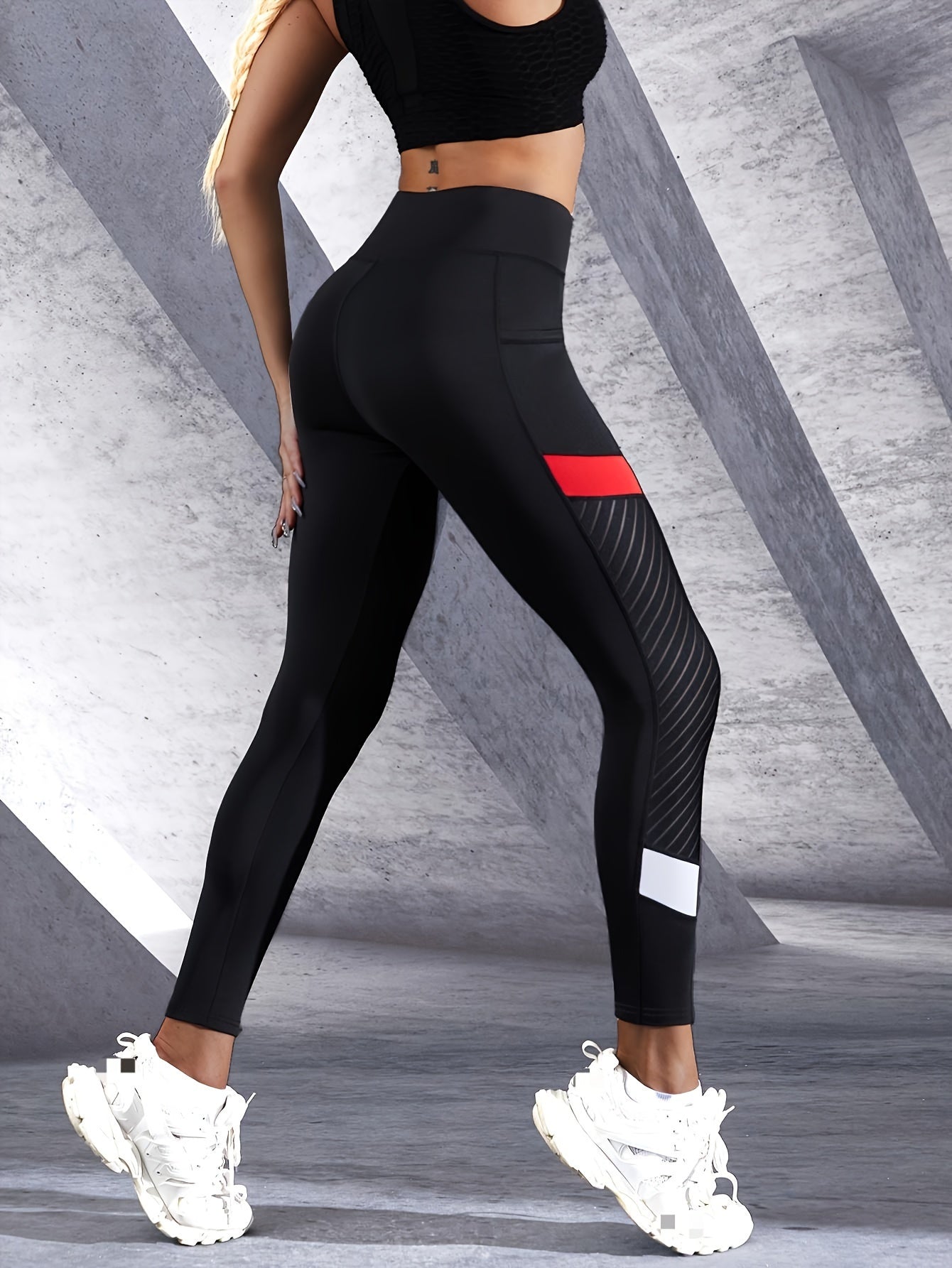 Contrast Color Slimming Yoga Leggings, High Waist Butt Lifting Breathable Yoga Pants, Women's Activewear Wide Waistband
