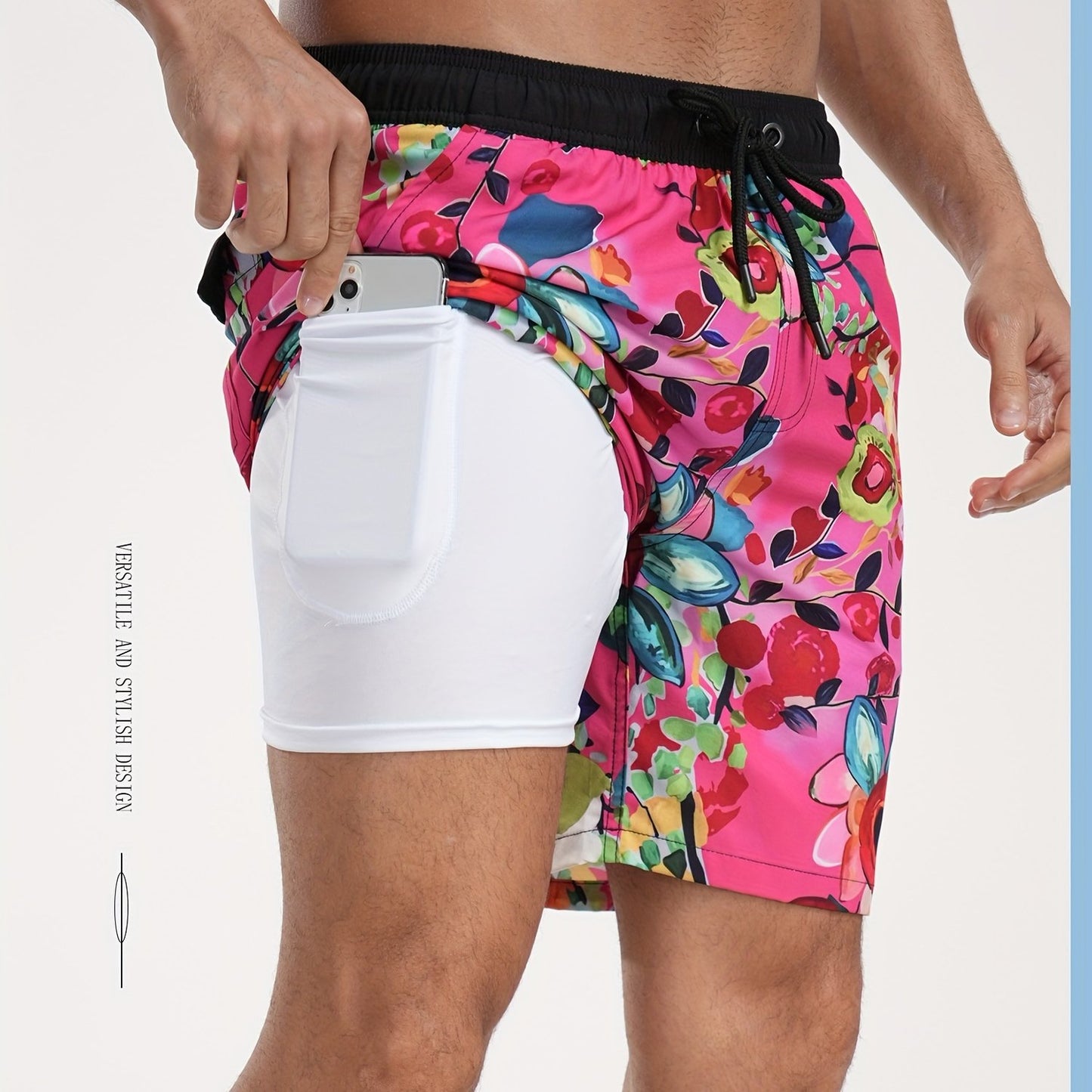 Men's Quick-Dry Beach Shorts with Tropical Palm Tree & Palm Leaf Print - Breathable Stretch Fabric for Summer, Outdoor, Hiking, Swimming - Machine Washable Casual Athletic Shorts, Outdoor Activewear, Summer Shorts