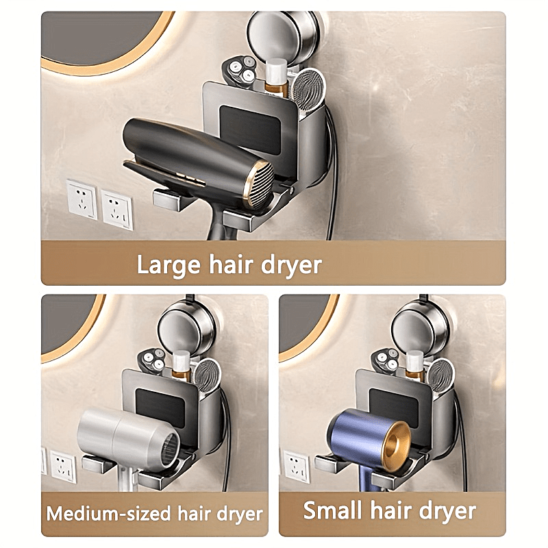 1pc Multifunctional Suction Cup Hair Dryer Holder, No-Drill Bathroom Wall-Mounted Storage Rack, Hanging Organizer for Hair Dryer, Toothbrush, Comb, Suitable for Bathroom, Kitchen, Outdoor Storage
