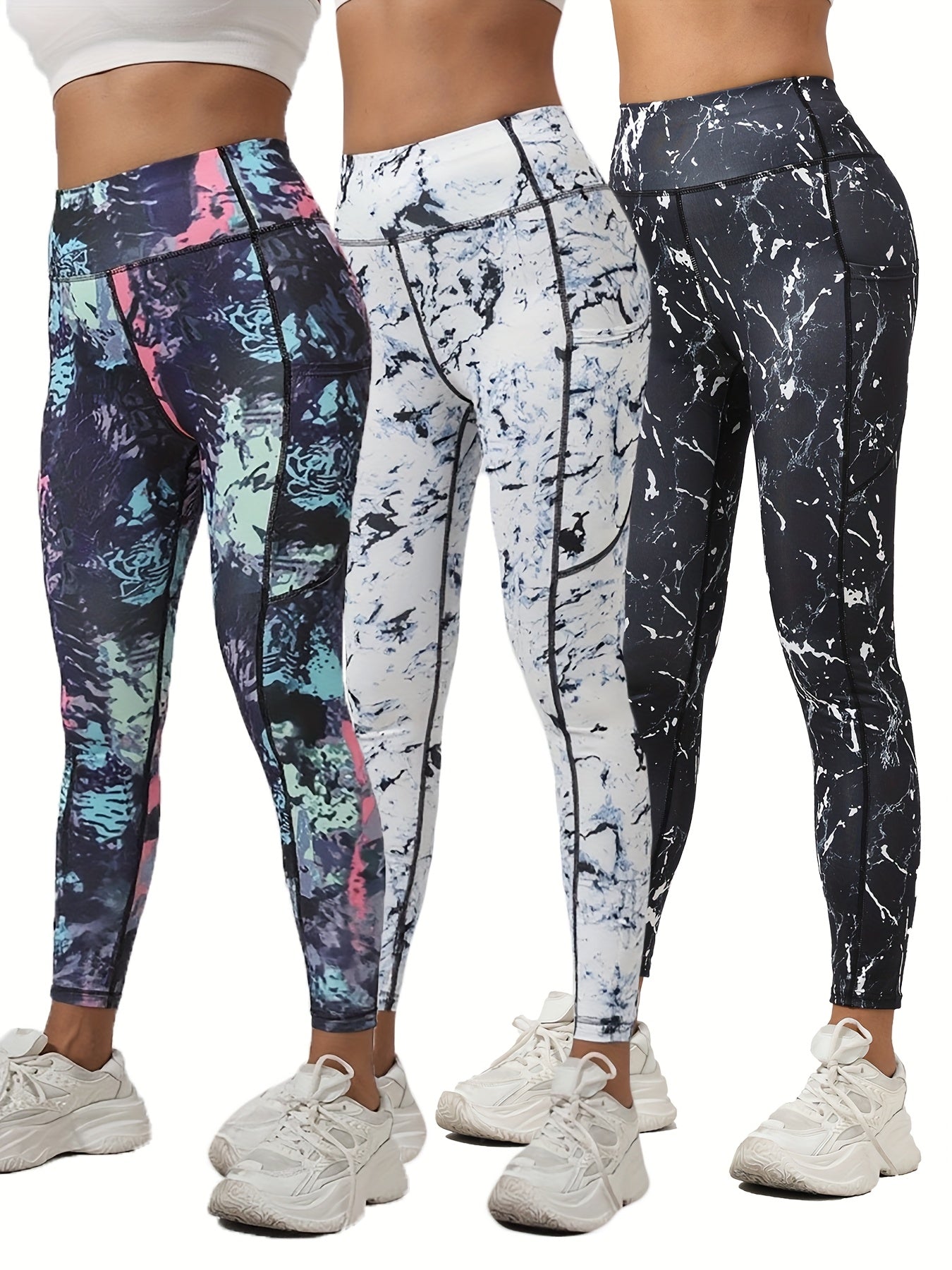 Three-Pack Tie-Dye Print Yoga Pants, Polyester Spandex Fabric Soft Comfortable High Waist Stretchy Fitted Leggings for Daily Wear Workout Casual Cycling Outdoor