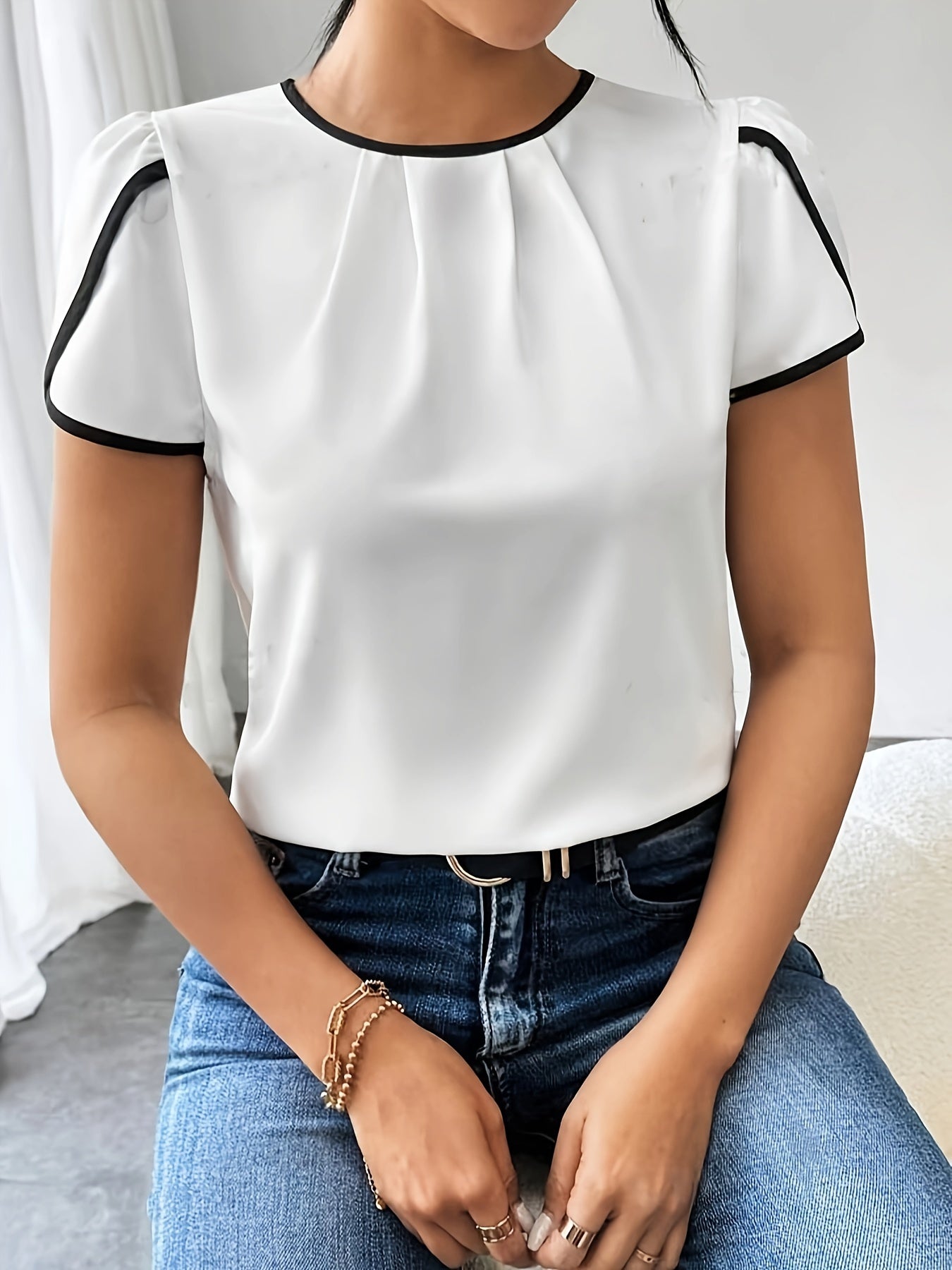 Contrast Trim Petal Sleeve Blouse, Elegant Crew Neck Blouse For Spring & Summer, Women's Clothing