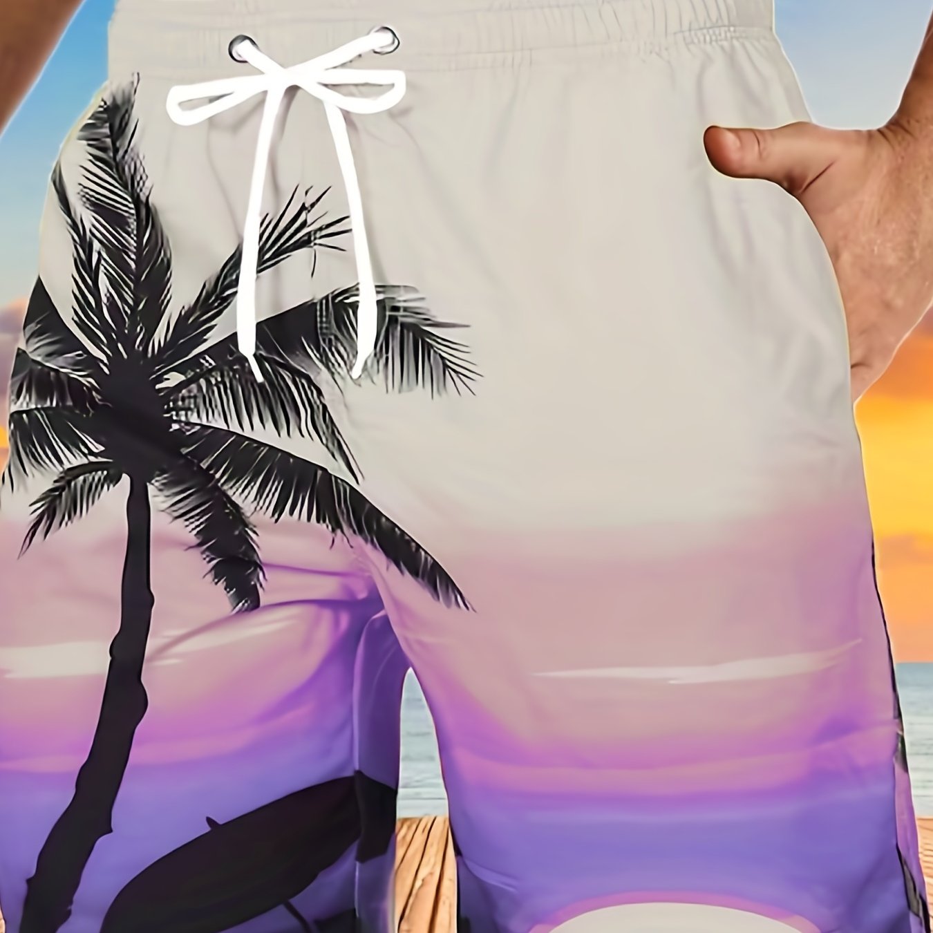 Quick Drying Comfortable Breathable Gradient Palm Tree At Dawn Seaside Drawstring Swim Trunks, Men's Board Shorts Swimwear For Summer Vacation Resort Beach Pool