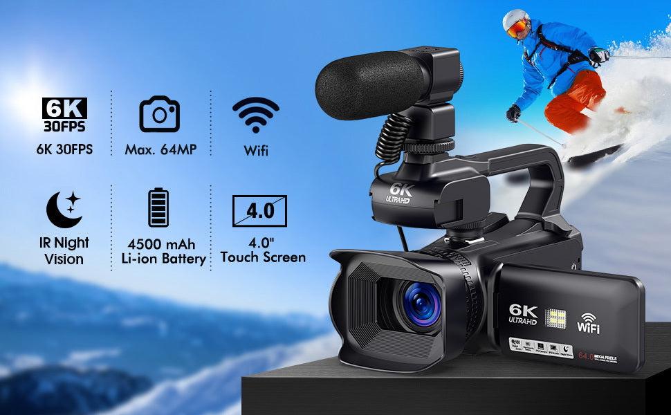 YISENCE 6K Camcorder Video Camera 64MP 18X Digital Zoom IR Night Vision Vlogging Camera for YouTube 10.16cm Touch Screen Digital Camera with WiFi, Microphone, Remote Control, Charger, Stabilizer and 64G SD Card