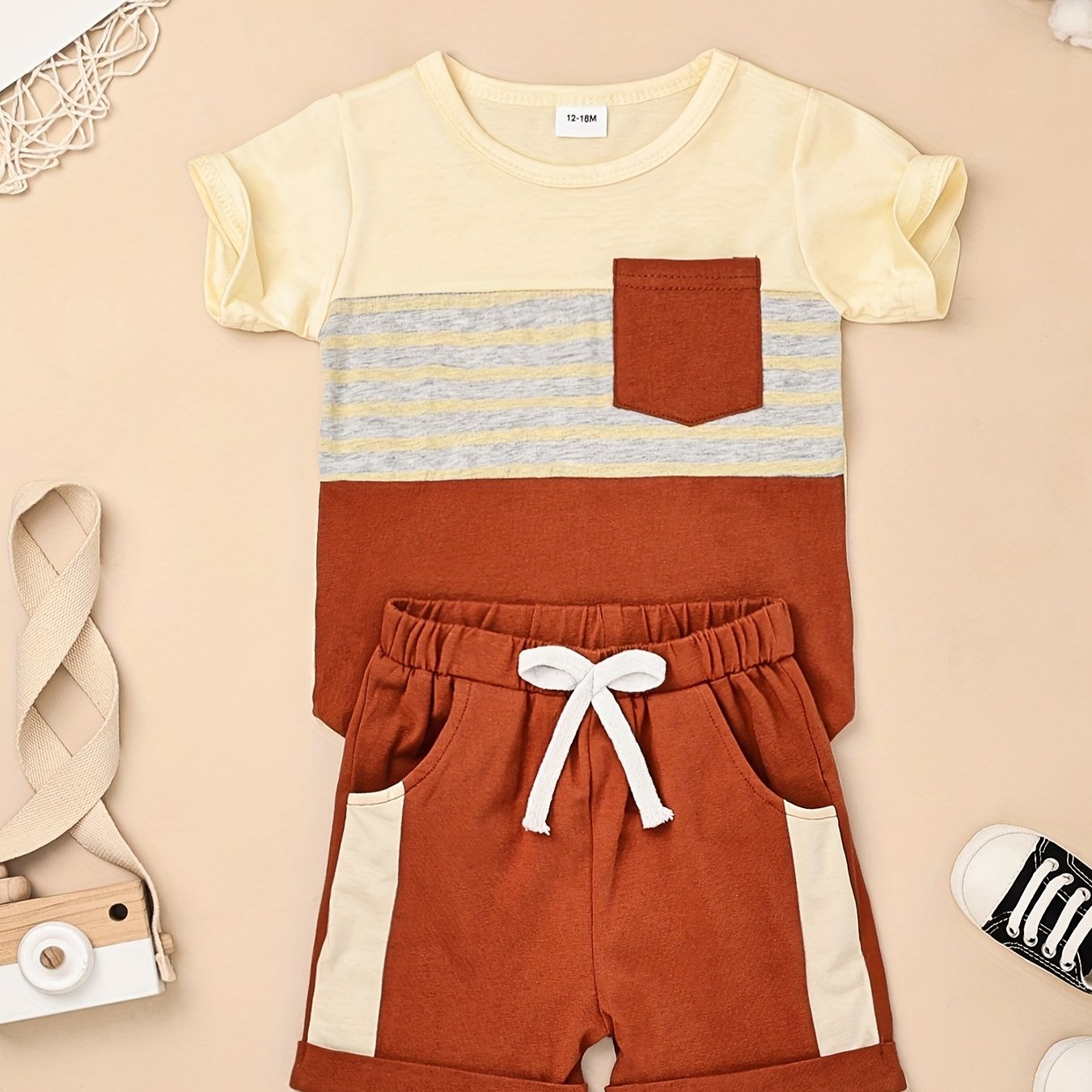 2pcs Baby Boys Summer Outfit Set - Cotton & Polyester Crew Neck T-Shirt with Stripes & Patch Detail, Short Sleeve, Drop Shoulder, Knit Fabric, with Matching Shorts with Belt & Fake Drawstring - Regular Fit, for Outdoor