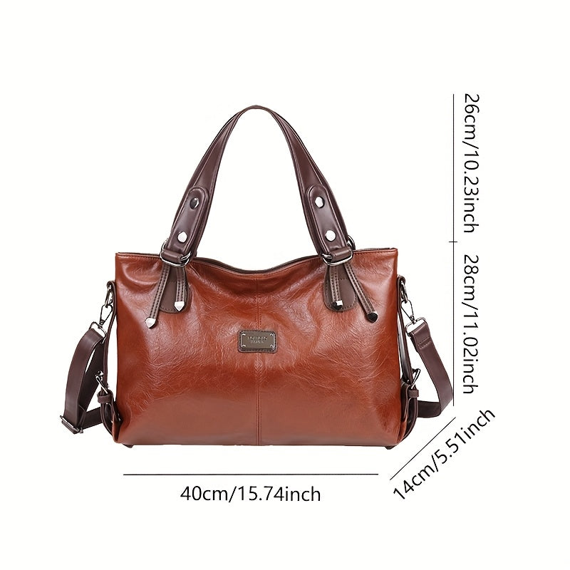 Women'S Vintage Handbag with Adjustable Shoulder Strap, Multiple Pockets & Soft Oil Edge Detail - Burgundy Polyester Lining, Zipper Closure, Elegant Accessory for Mother'S Day Gifts, Elegant Handbag | Vintage Tote Design | So