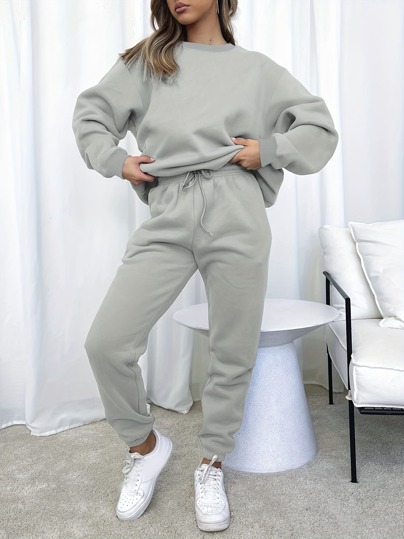 Solid Casual Two-piece Set, Crew Neck Long Sleeve Tops & Drawstring Jogger Pants Oufits, Women's Clothing