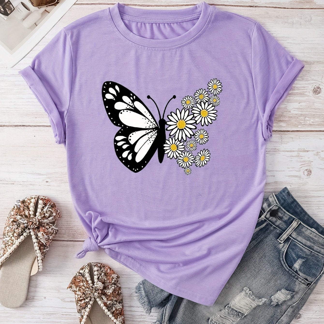 Women's Casual Butterfly & Daisy Floral Print Round Neck T-Shirt - Olive Green, Machine Washable, Regular Fit for Casual Attire, Allseason Fashion, Relaxed Style, Nontransparent Fabric