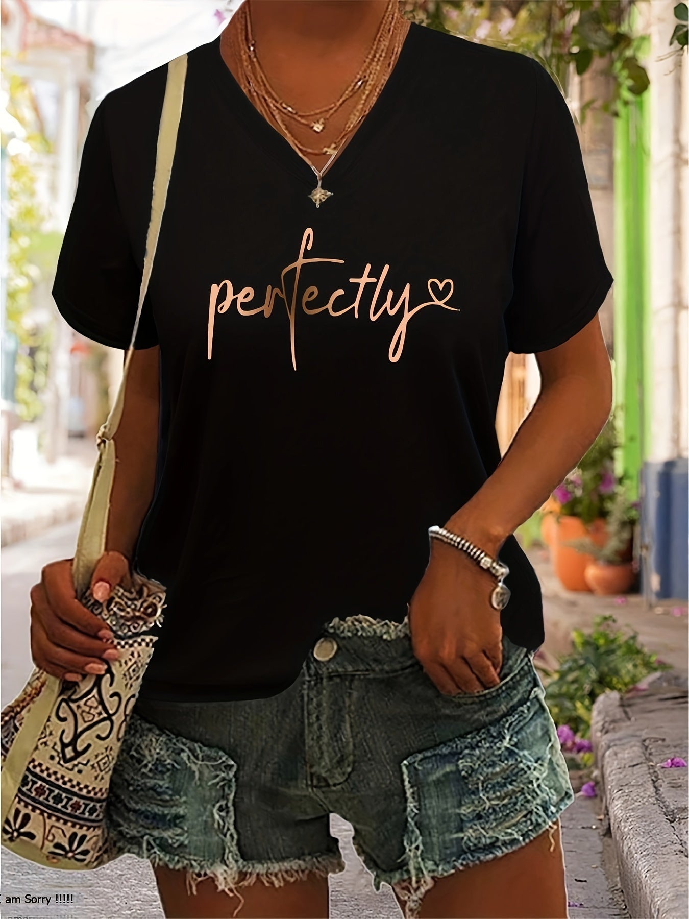 Perfectly Letter Print T-shirt, Casual V Neck Short Sleeve T-shirt, Women's Clothing