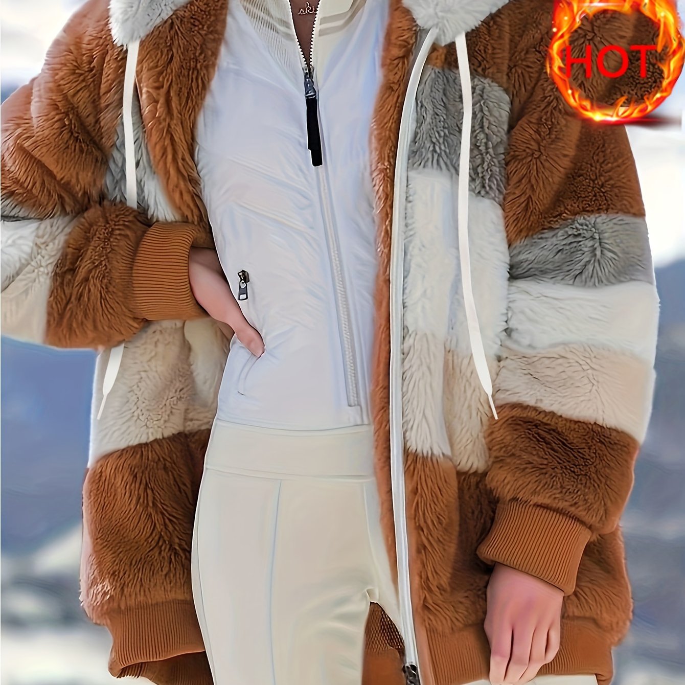 Women's Plush Faux Fur Hooded Jacket - Loose Fit Color Block Coat with Blue/Beige/White/Black Design, Long Sleeve Winter Warmth, Machine Washable for Casual & Formal Outfits, Ladies Winter Coats, Autumn Layering Piece, Formal
