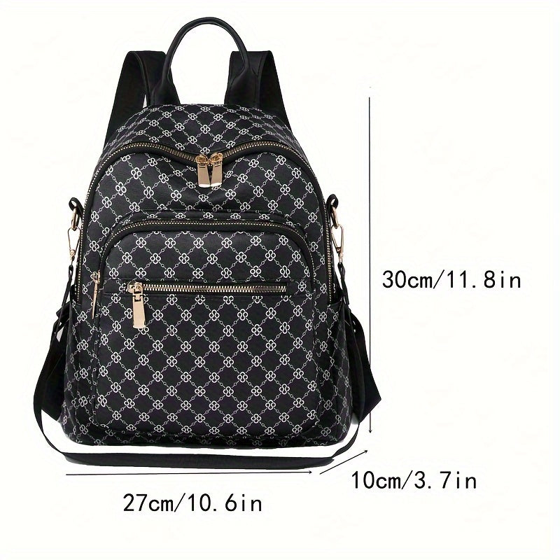 Women's Clover Backpack - Large Capacity, Adjustable Straps,, Zip Closure, Geometric Pattern, Beige//Black, Casual College Style, Perfect for Students and Travel, Backpack for School