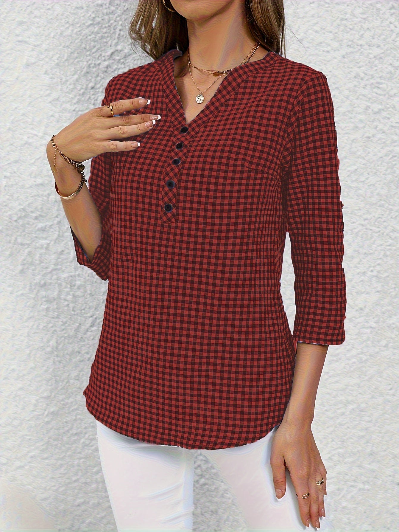 Plaid Print Button Notched Neck Blouse, Casual Rolled Sleeve Blouse For Spring, Women's Clothing