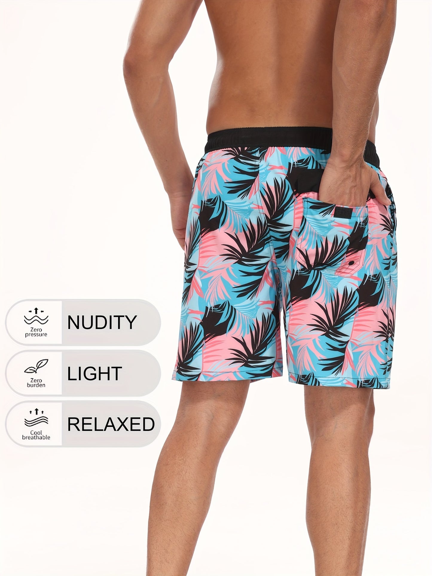 Men's Quick-Dry Beach Shorts with Tropical Palm Tree & Palm Leaf Print - Breathable Stretch Fabric for Summer, Outdoor, Hiking, Swimming - Machine Washable Casual Athletic Shorts, Outdoor Activewear, Summer Shorts