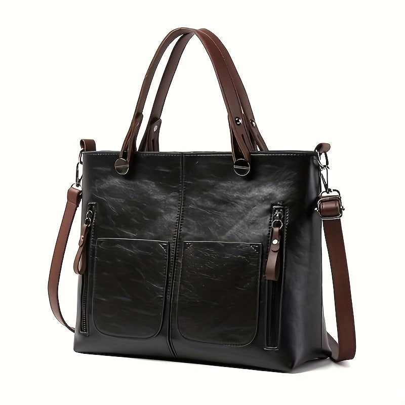 Vintage-Style Large Capacity Tote Bag for Women - Brown Shoulder & Crossbody Purse with Multiple Compartments, Adjustable Strap, and Zipper Closure, Secure Travel Bag | Elegant Accessory | Functional Zipper Pockets