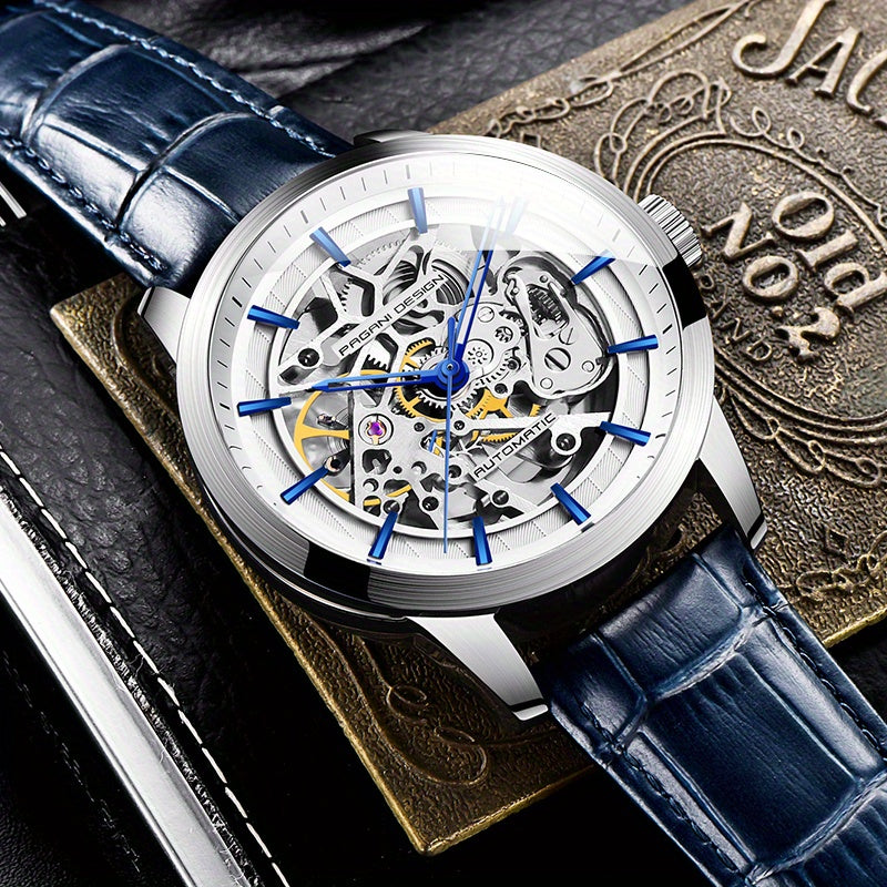 Pagani Design 2023 Men's Automatic Skeleton Watch, Self-Winding, Stainless Steel, Leather Strap, Pointer Series, Water Resistant To 100 Meters Sports Leather Watch