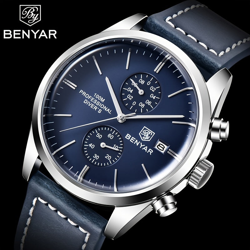 1pc New BENYAR Men's PU Leather Quartz Wristwatch, Men's 100M Multifunctional Watch Military Sports Chronograph Watch For Men