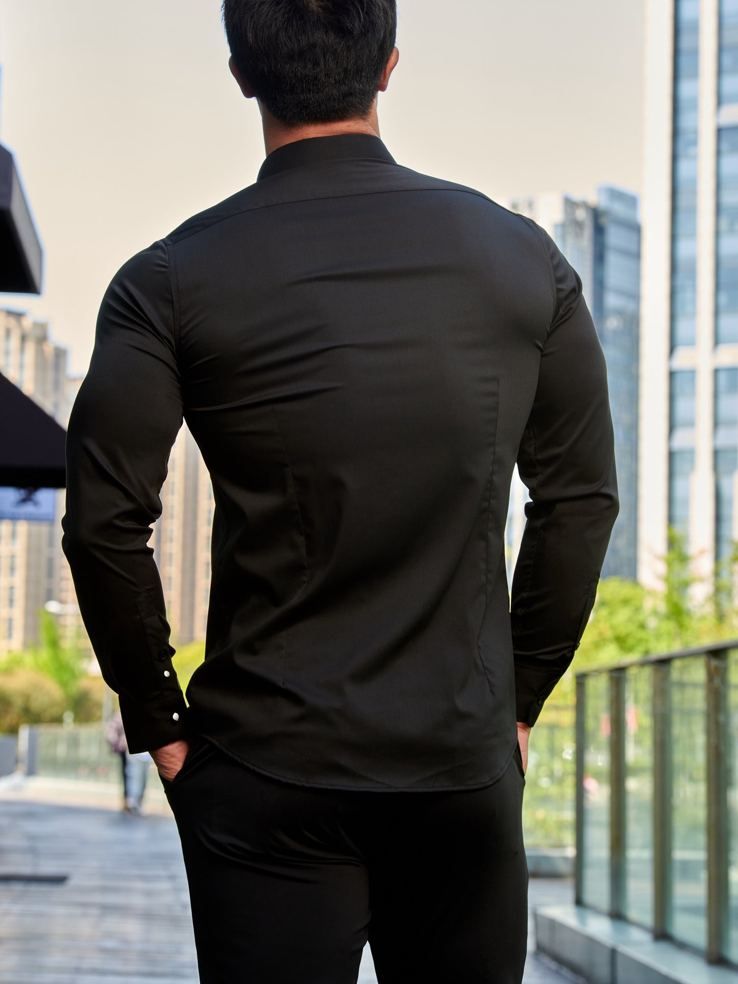 Solid Color Men's Slim Fit Stretch Quick-drying Long Sleeve Button Up Shirt, Spring Fall Workout Activity