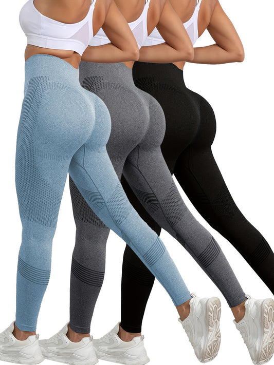 3pcs Breathable High Waist Butt Lifting Fitness Leggings, Solid Color, Tummy Control Running Sports Tight Yoga Pants, Women's Activewear