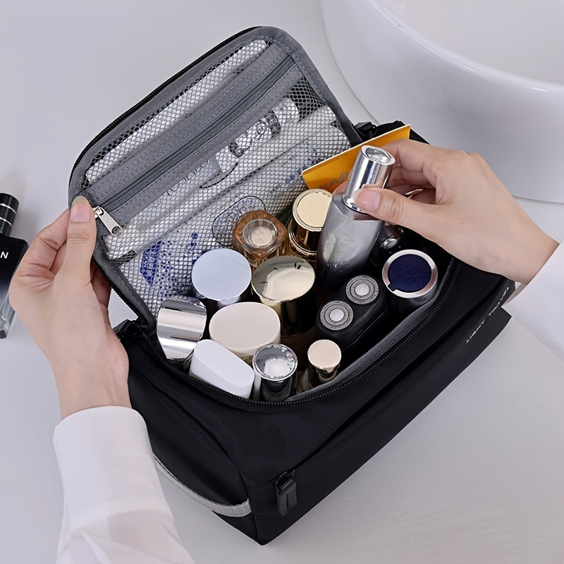 1pc Large Capacity Oxford Cloth Makeup Bag - Multi-Compartment Travel Organizer with Durable Black & Navy Blue Design, Portable Handheld Storage for Cosmetics, Toiletries & Accessories, Cosmetic Storage Organizer, Secure Zipp