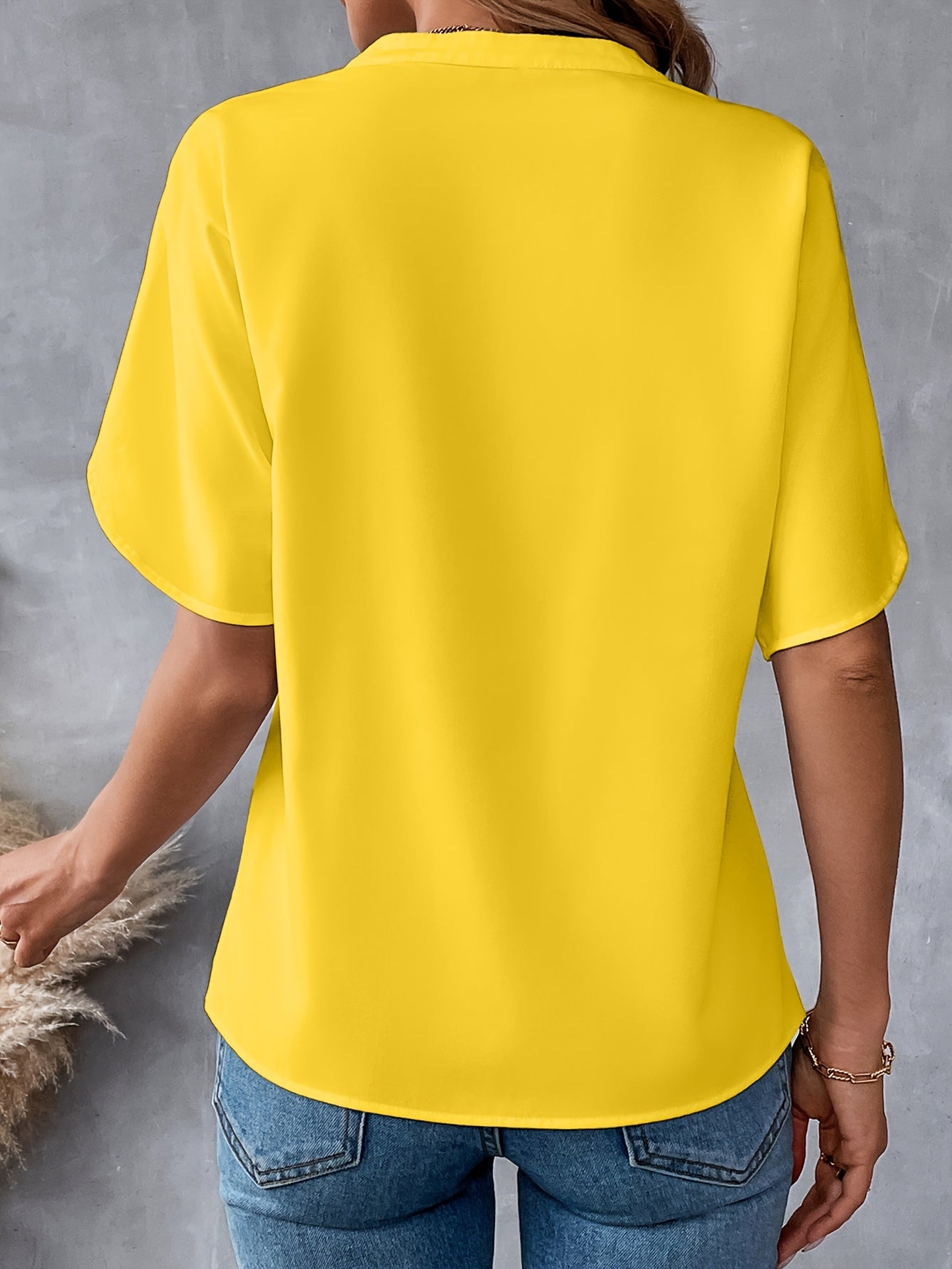 Solid Color Notch Neck Blouse, Casual Short Split Sleeve Blouse For Spring & Summer, Women's Clothing
