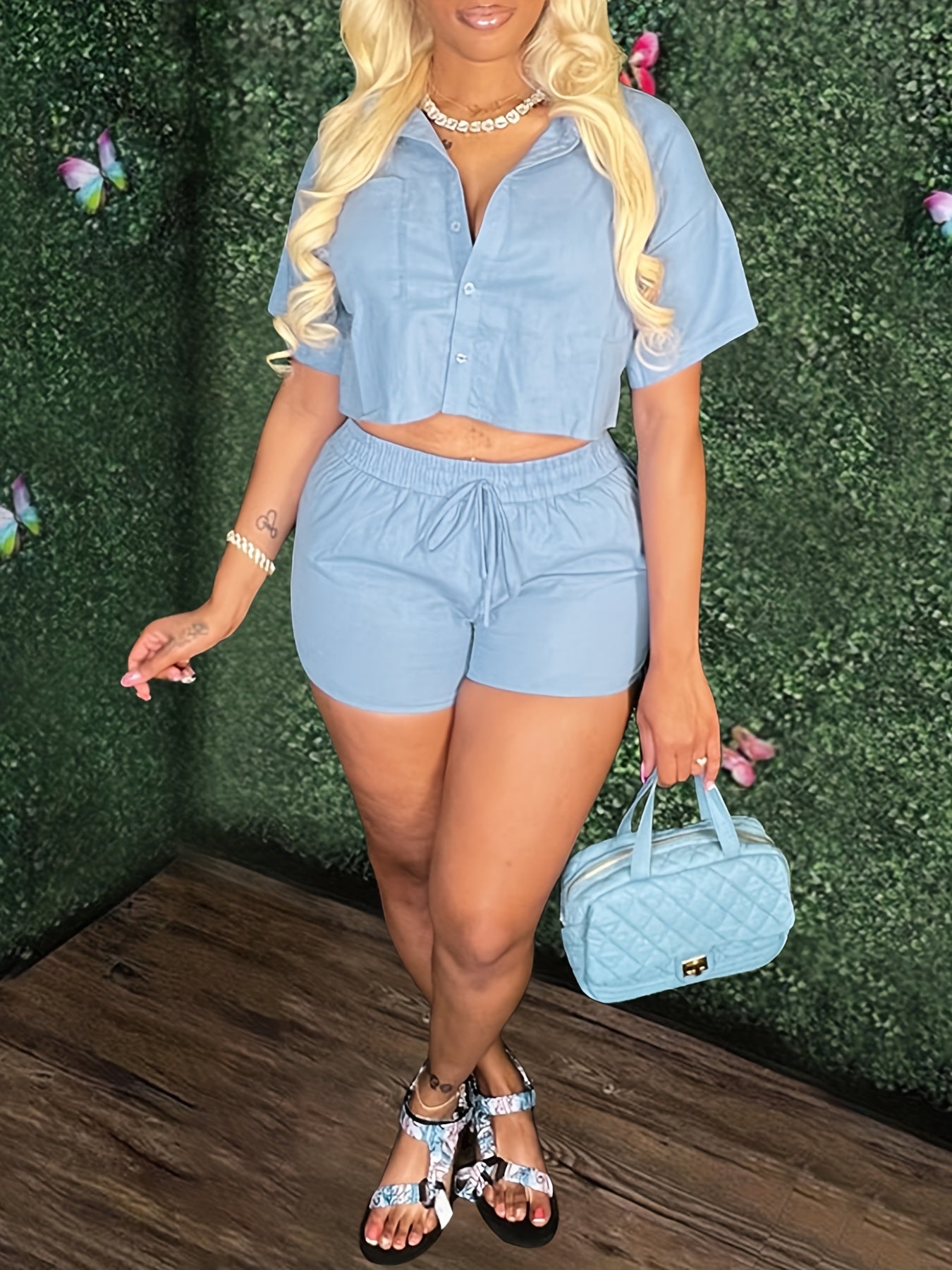 Solid Casual Two-piece Set, Short Sleeve Button Crop Top & Drawstring Waist Shorts Outfits, Women's Clothing