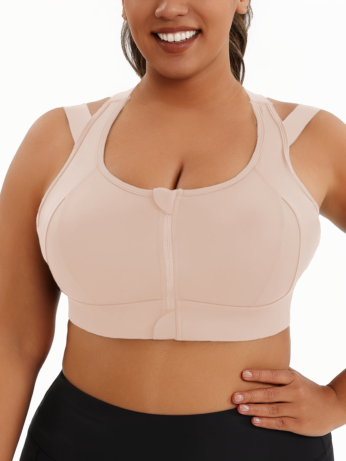 Women's Plus Size Sports Bra, Front Zip Closure, High Support Fitness Active Wear, Breathable Comfortable Lingerie, For Basketball Yoga Sports, Simple Look
