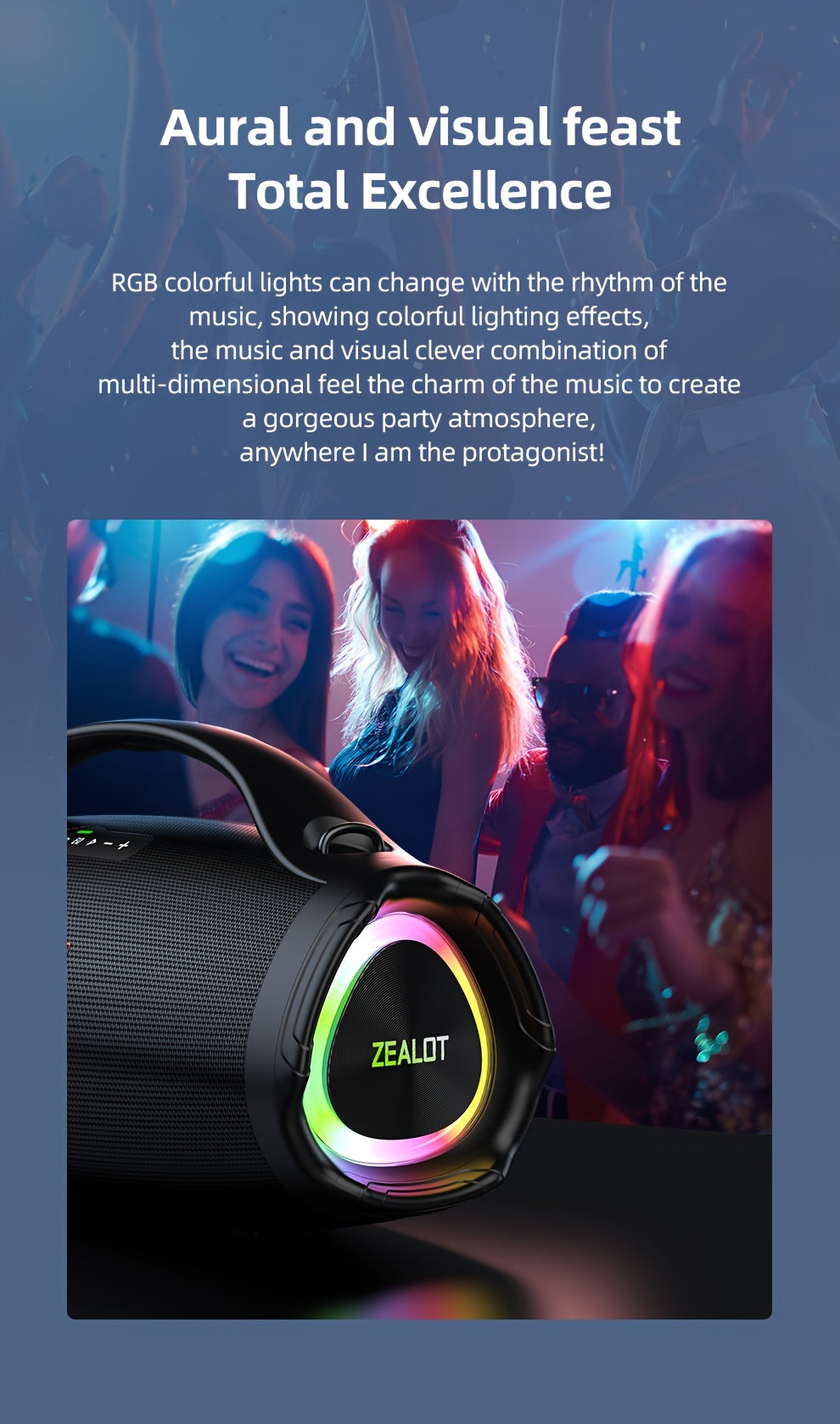 ZEALOT S98 160W Power Amplifier Wireless Speaker, Outdoor Portable, IPX5, with RGB Colorful Lights, 3 Different Sound Experiences with EQ Modes, Up to 8 Hours Playback, Supports Mobile Phones, Tablets, Computers, TV. SD, USB,