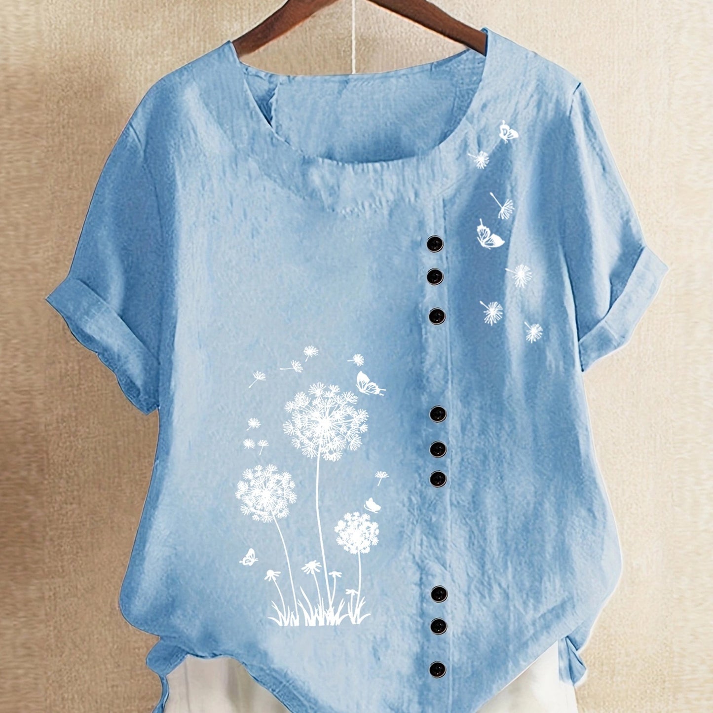Dandelion Print Button Decor T-Shirt, Casual Crew Neck Short Sleeve T-Shirt For Spring & Summer, Women's Clothing