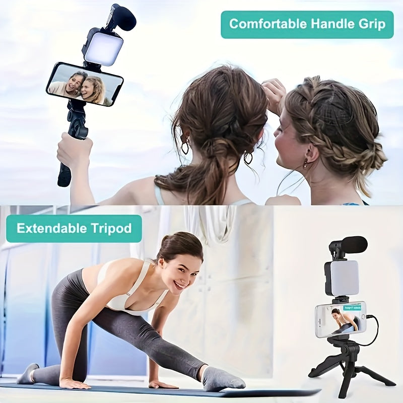 Professional Selfie Stick Light Kit with Tripod-like Stabilizer, 5-in-1 Phone Camera Stand & LED Ring Light, Portable /Smartphone Compatible for Live Streaming, Vlogging, YouTube, Interviews - Compatible with iPhone/ (No Batt