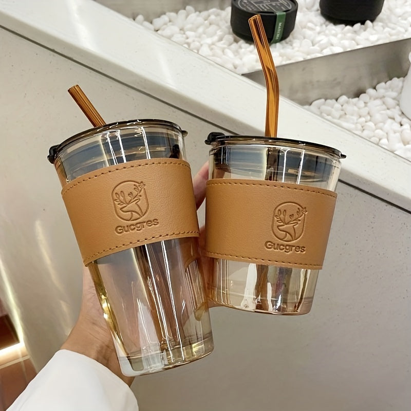 Chic Bamboo-Inspired Glass Coffee Mug with Straw - Large Capacity, Minimalist Design for Coffee & Milk Tea