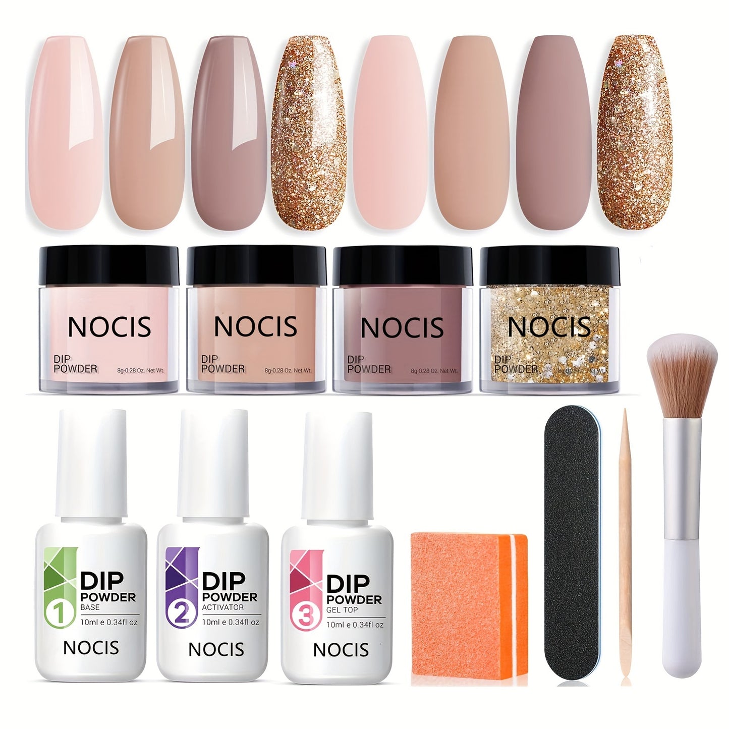 11Pcs/Set Dip Powder Nail Kit Starter 4 Colors Nude Skin Tone Golden Glitter Neutral Acrylic Dip Powder Liquid Set With Base Coat And Top Coat Activator For French Manicure Salon