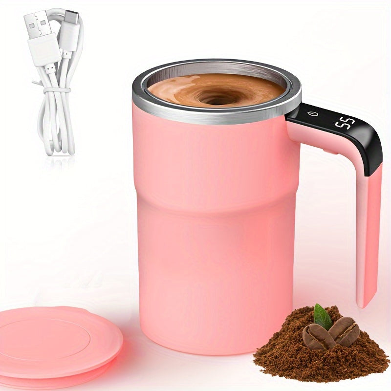 ADKING 12oz Smart Tumbler with Digital Display - USB Rechargeable, Stainless Steel Electric Coffee Mug with Timer & Adjustable Speed Control, Long-Lasting Battery Life (80+ Min), White & Pink for Winter