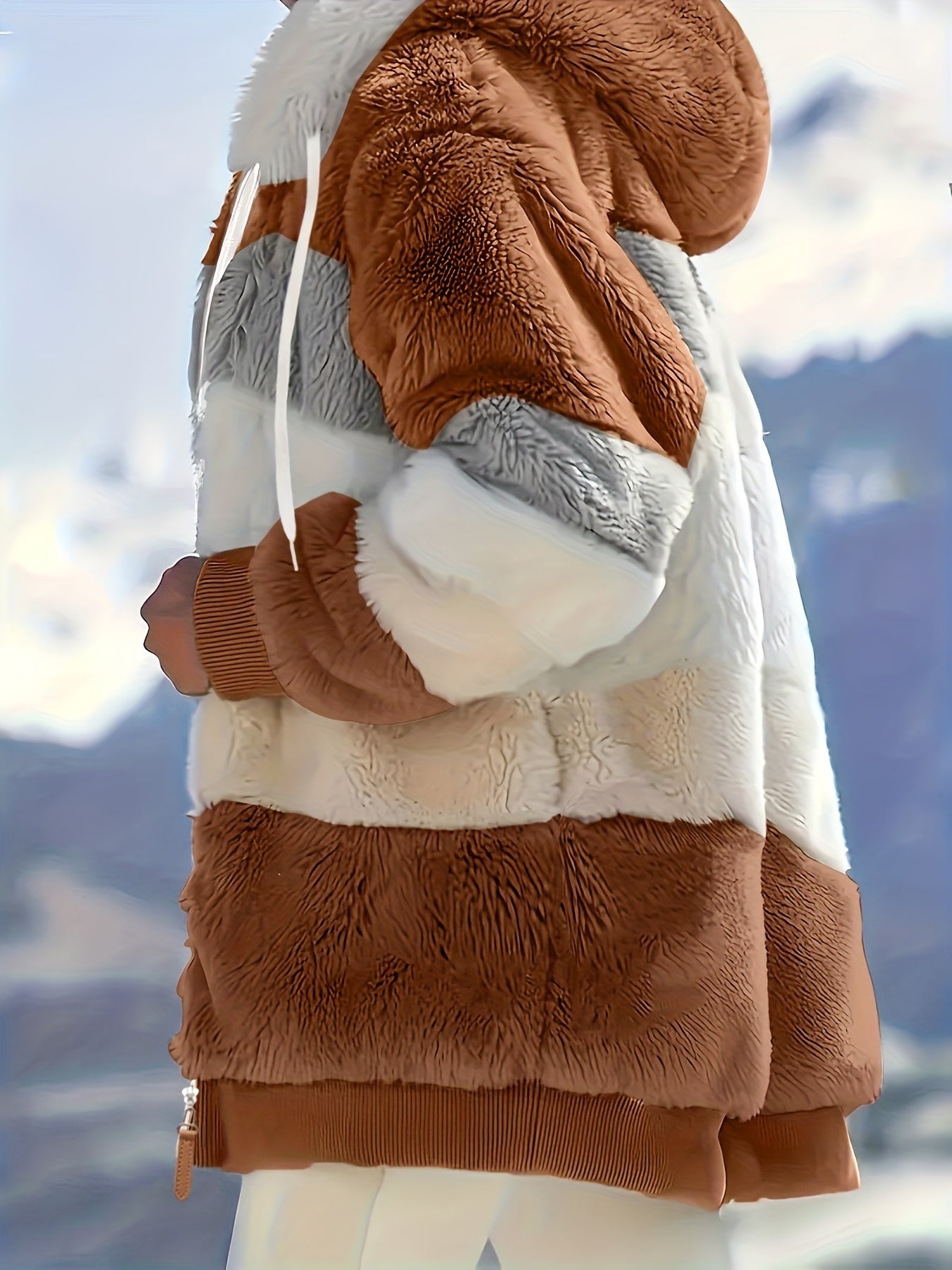 Women's Plush Faux Fur Hooded Jacket - Loose Fit Color Block Coat with Blue/Beige/White/Black Design, Long Sleeve Winter Warmth, Machine Washable for Casual & Formal Outfits, Ladies Winter Coats, Autumn Layering Piece, Formal