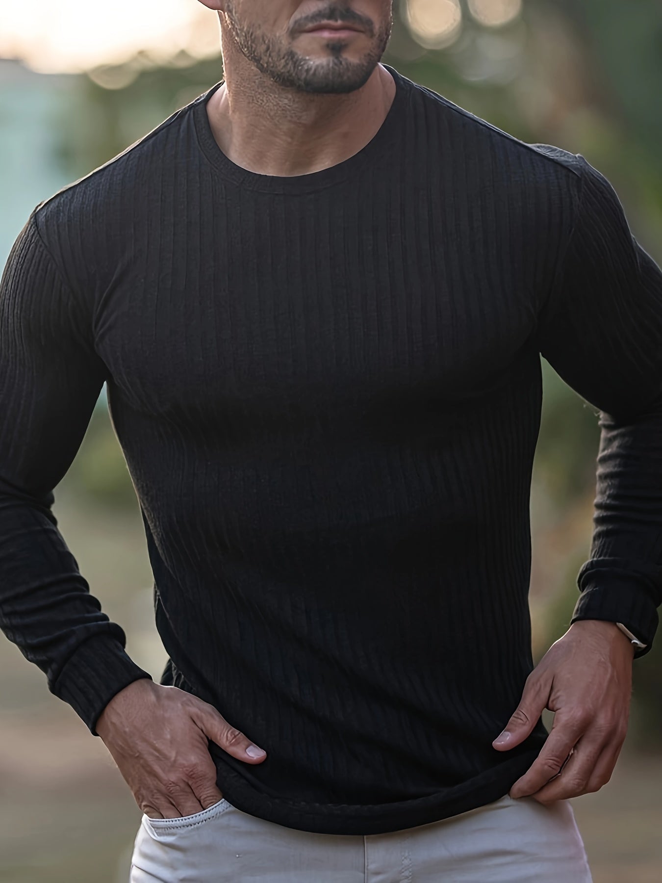 Ribbed Men's Casual Stretch Breathable Lightweight Long Sleeve Round Neck T-shirt For Spring Fall, Running Training