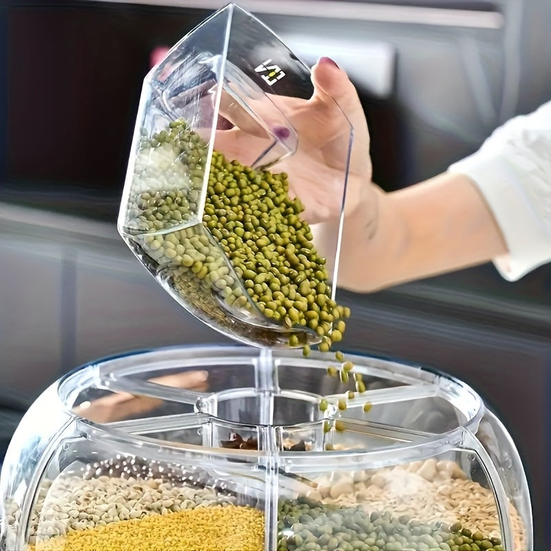 360° rotating partitioned rice bucket, rotatable home-use pest and moisture-proof multi-functional sealed rice storage box, classified grain and bean storage