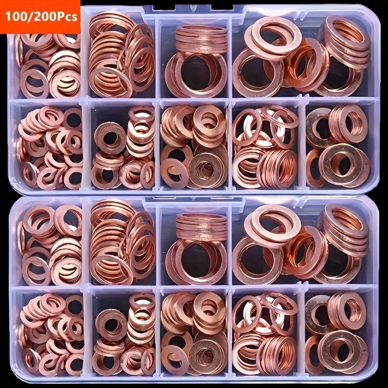 100pcs Copper Washer Gasket Nut And Bolt Set, Flat Ring Seal Assortment Kit With Box,/M5/M6//M8/M10/M12/M14 For Sump Plugs