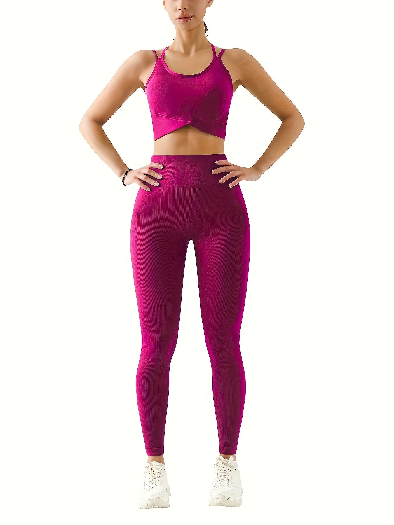 2pcs Solid Color Workout Sets, Backless Sports Bra & Wide Waistband Hip Lift Running Leggings, Women's Activewear