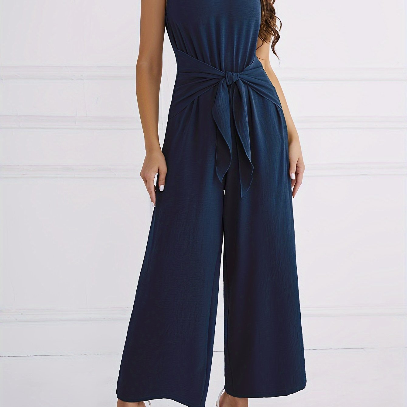 V Neck Knotted Jumpsuit, Casual Wide Leg Sleeveless Jumpsuit For Spring & Summer, Women's Clothing
