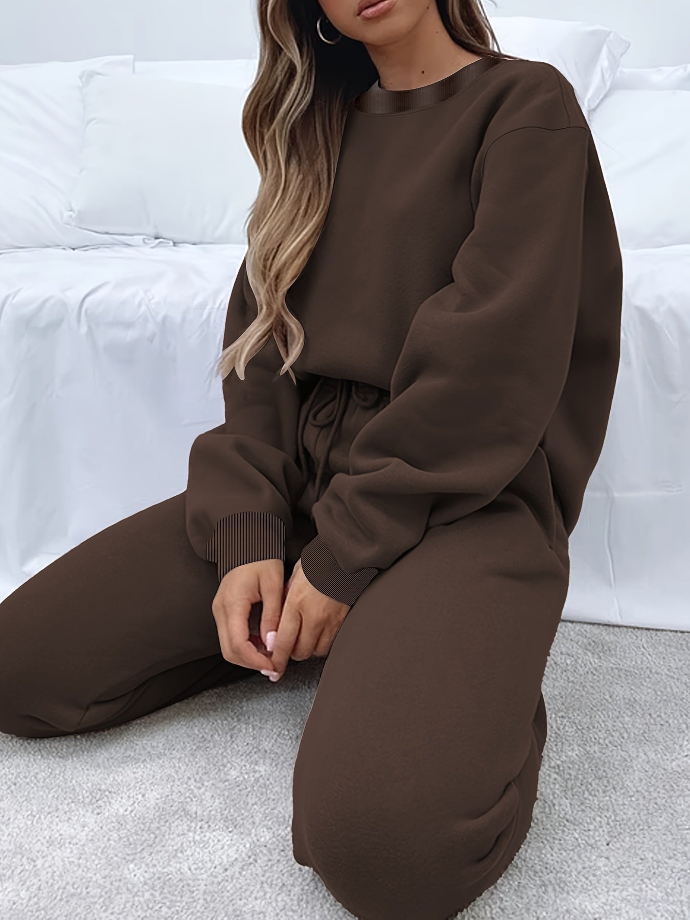 Solid Casual Two-piece Set, Crew Neck Long Sleeve Tops & Drawstring Jogger Pants Oufits, Women's Clothing