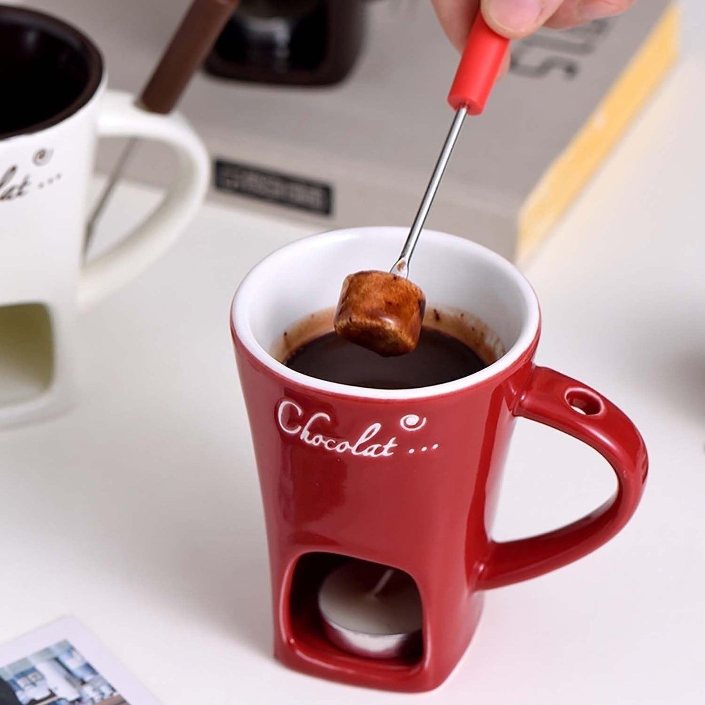 TFS Chocolate Fondue Mug - Ceramic, Reusable, Hand-Wash Only, Multipurpose Hot Chocolate & Fondue Pot with Whisk, Ideal for Cheese, Caramel, Butter, Hot Chocolate Making | Whisked Drinkware | Durable Drinkware