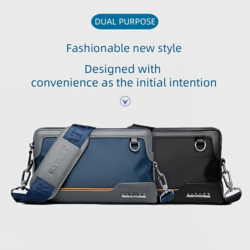 Men's Luxury Multi-Functional Handbag & Wallet in One - Dark Navy Blue/Black with Golden-Tone Hardware, Soft Silky Texture, Golden-Tone Hardware, Zipper Closure & Detachable Strap - Travel, Commute, Formal & Everyday Use - Id