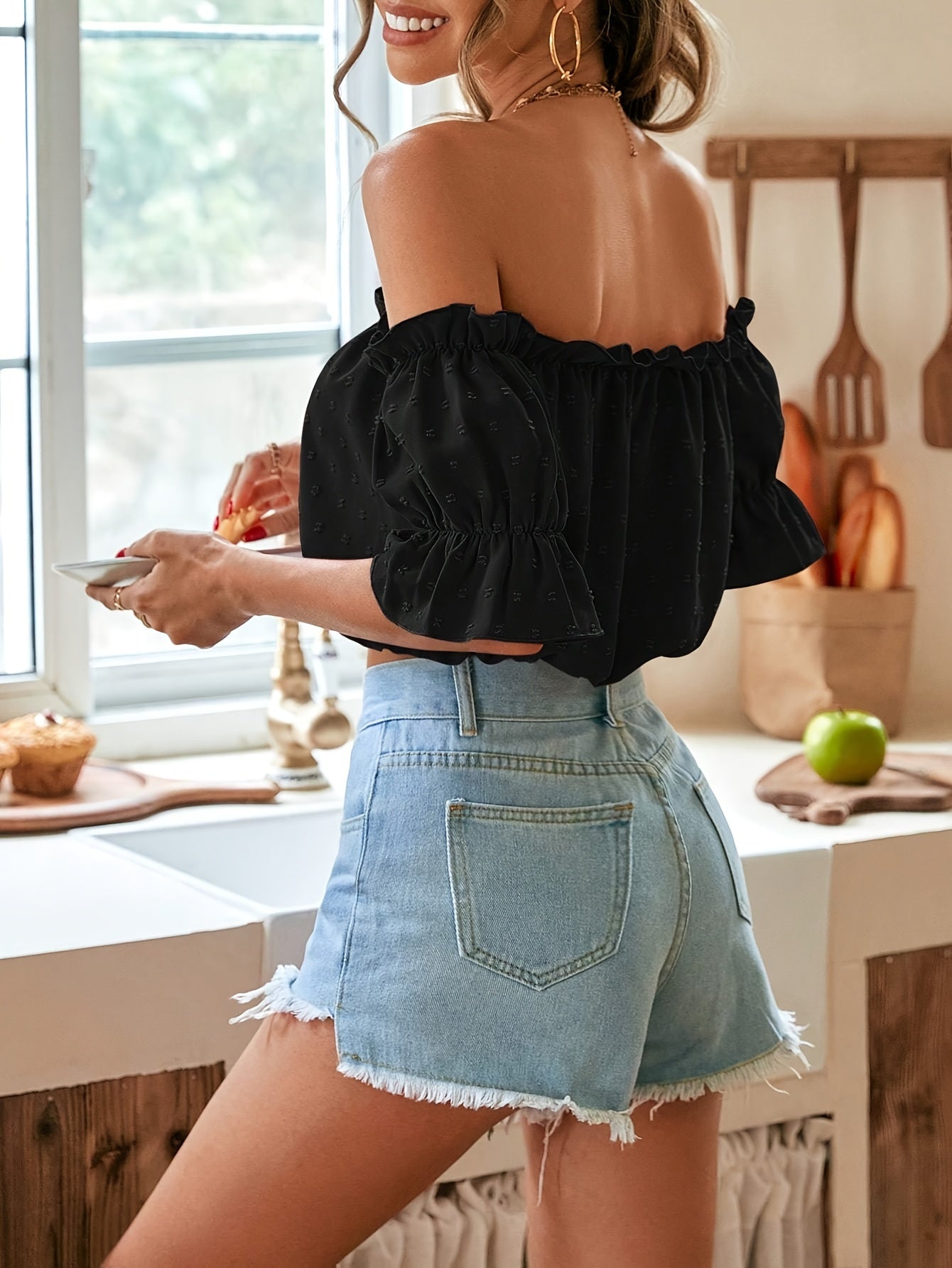 Swiss Dot Off Shoulder Crop Blouse, Vacation Style Ruffle Trim Blouse For Spring & Summer, Women's Clothing Wedding holiday vacation