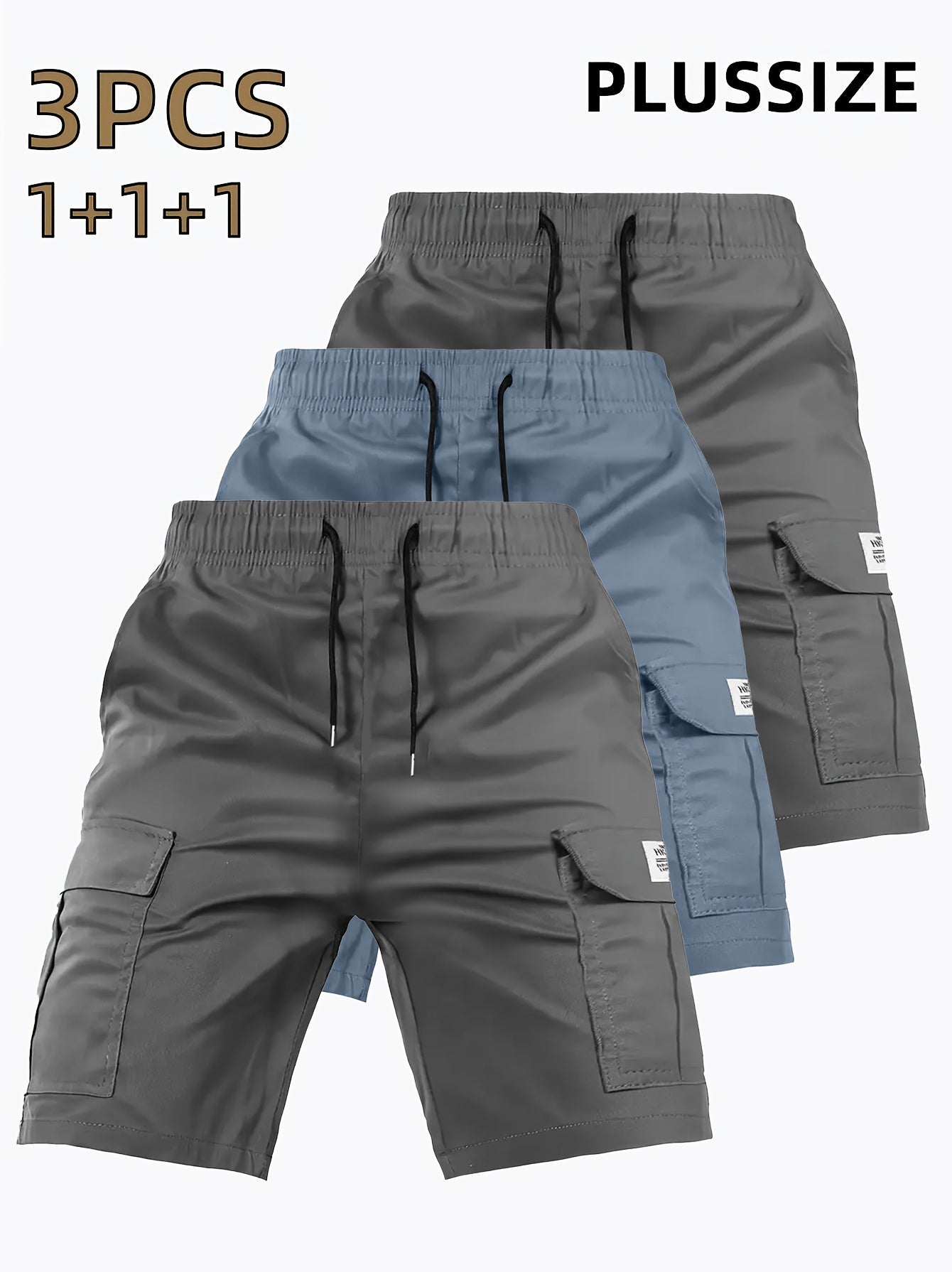 3pcs Men'S Heavy-Duty Work Shorts - Non-Stretch Fabric Cargo Pants with Multiple Utility Pockets, Drawstring Waist - Available in Navy/Gray/ - Ideal for Construction, Outdoor, Everyday Casual Wear - Plus Size Friendly, Outdoo
