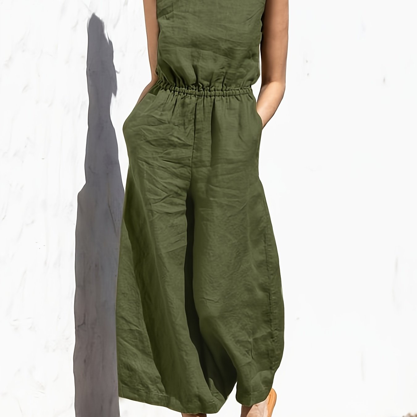 2025 New Women's Olive Green -Linen Sleeveless Casual Dress with Button Front - Round Neck Machine-Washable Summer Dress for Spring/Summer Outfits