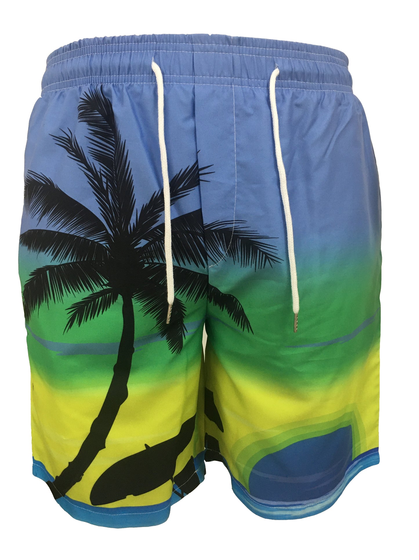 Quick Drying Comfortable Breathable Gradient Palm Tree At Dawn Seaside Drawstring Swim Trunks, Men's Board Shorts Swimwear For Summer Vacation Resort Beach Pool