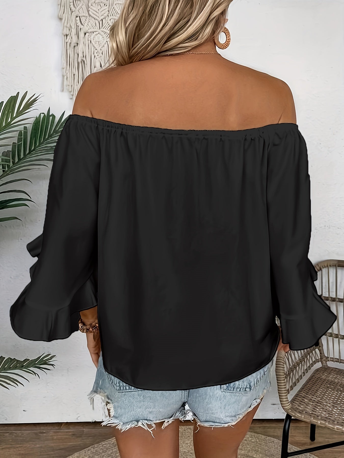 Ruffle Trim Off-shoulder Blouse, Casual Knot Hem Three-quarter Sleeve Blouse For Spring & Summer, Women's Clothing