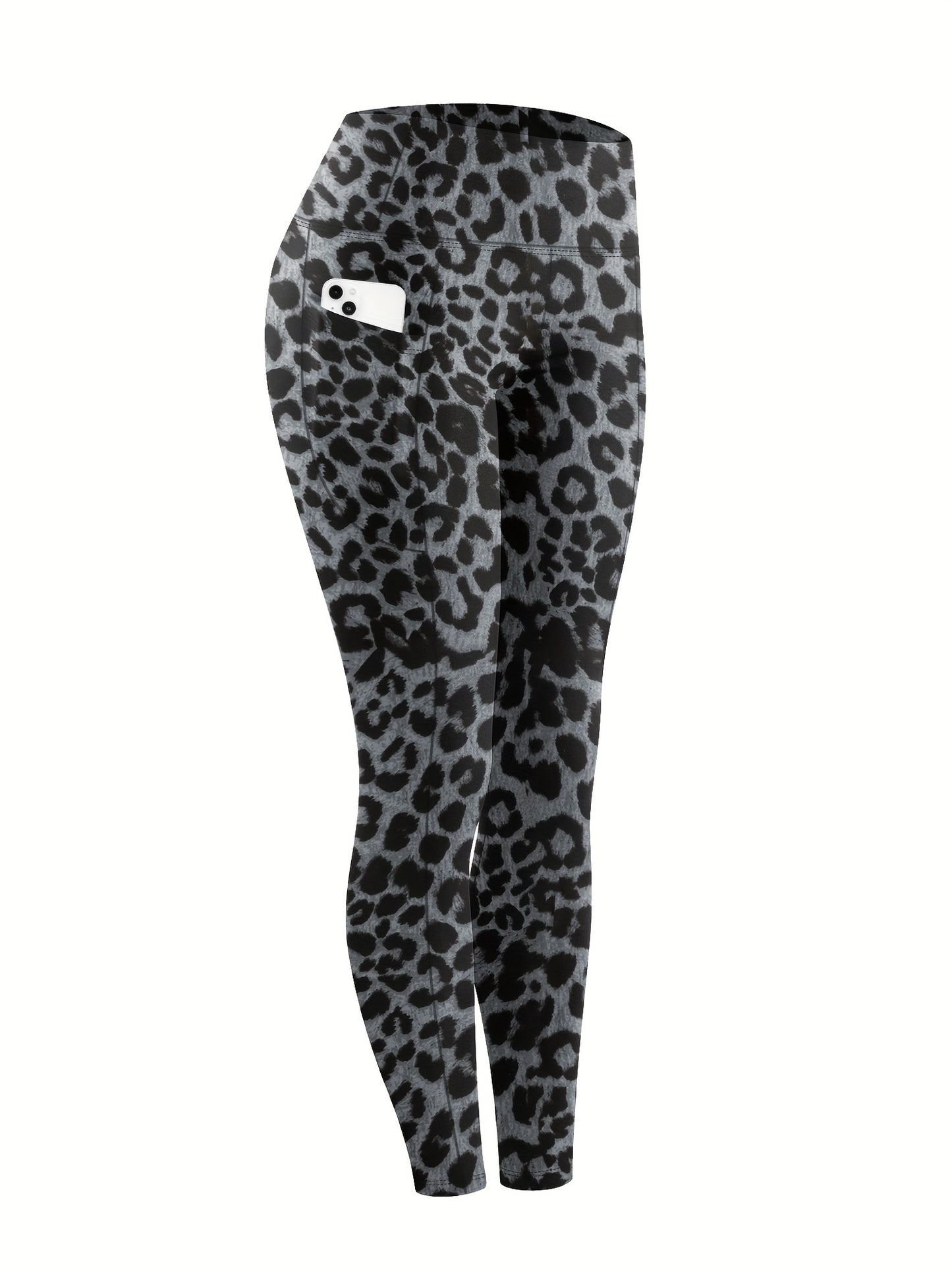 Women'S Plus Size High Waist Tummy Control Leggings with Side Pockets, 88% Polyester 12% Elastane, Knit Fabric, Stretchy Cropped Yoga Pants for Running & Fitness, All Season Solid Color Athletic Skinny Pants