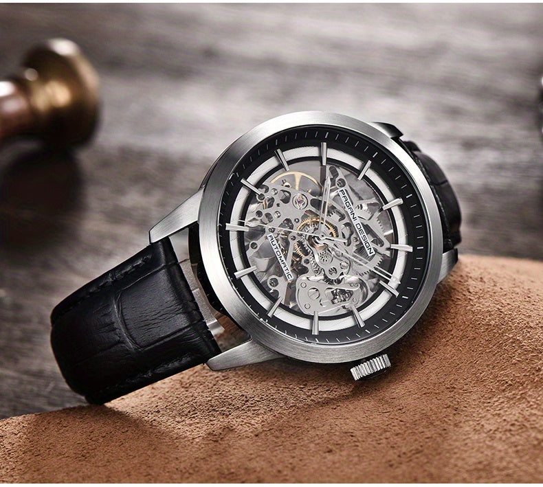 Pagani Design 2023 Men's Automatic Skeleton Watch, Self-Winding, Stainless Steel, Leather Strap, Pointer Series, Water Resistant To 100 Meters Sports Leather Watch