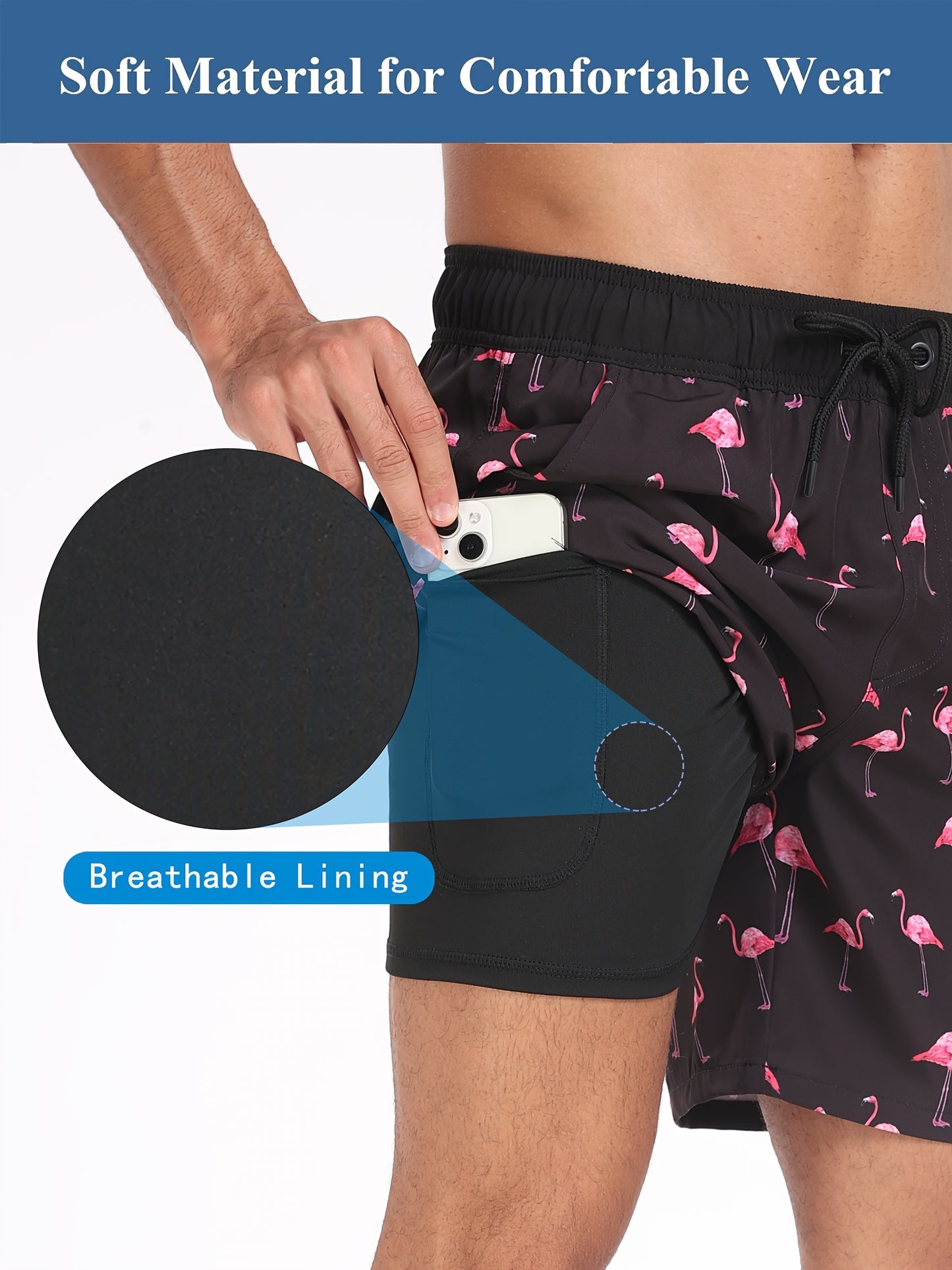 Men's Quick-Dry Beach Shorts with Tropical Palm Tree & Palm Leaf Print - Breathable Stretch Fabric for Summer, Outdoor, Hiking, Swimming - Machine Washable Casual Athletic Shorts, Outdoor Activewear, Summer Shorts